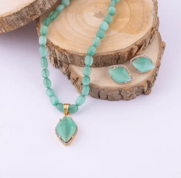 Green Mala Necklace Set | Natural Mint Green Monalisa Stone