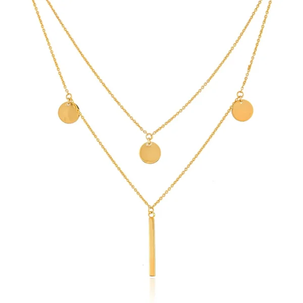Double Chain Layered Bar Necklace With Circular Discs