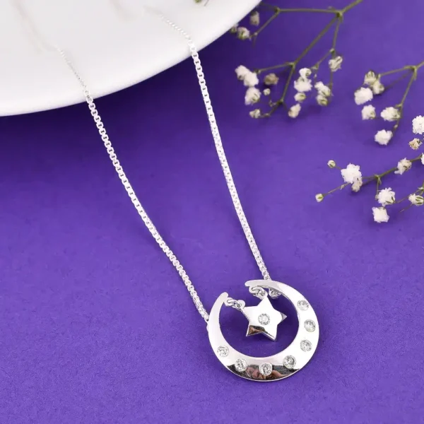 Moon Star Necklace With American Diamonds – Silver Plated