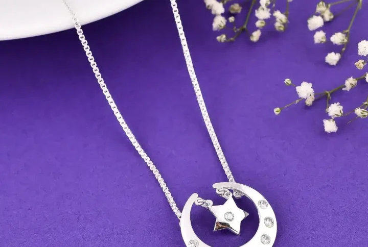 Moon Star Necklace With American Diamonds pendant top view