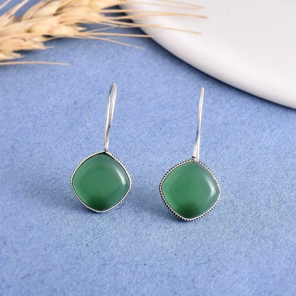 Green Onyx Silver Plated Square Earrings