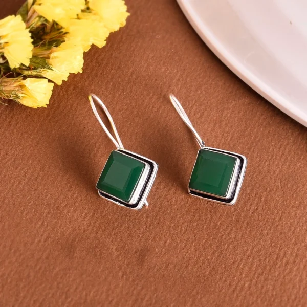 Square Green Coloured Earrings, Silver plated